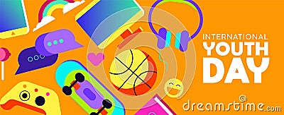 Youth Day banner of fun teen activity icons Vector Illustration
