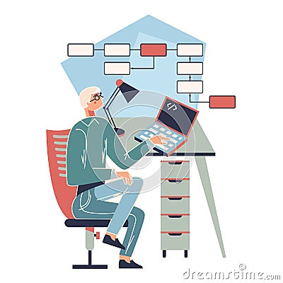 Technology and algorithm. Business vector illustration with working person. Modern flat light style Vector Illustration