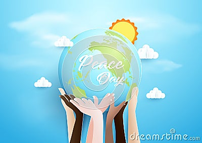 Internationnal Peace Day concept. Hands holding globe over sky. Vector Illustration