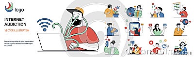 Internet addiction concept with character situations collection. Bundle of scenes people chained to laptops and smartphones, Vector Illustration