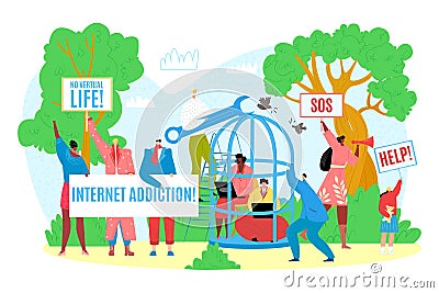 Internet addiction concept vector illustration of young people using devices such as laptop, smartphone, tablets. Flat Vector Illustration