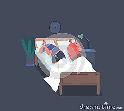 Internet Addiction, Family Problems. Young Couple Man and Woman Lying in Bed Back to Back with Smartphones in Hands Vector Illustration