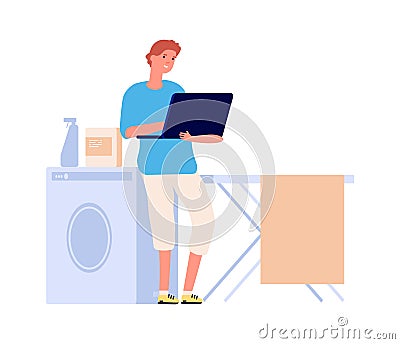 Internet addiction. Man surfing internet in laundry room. Flat male character chatting or gaming online. Isolation Vector Illustration