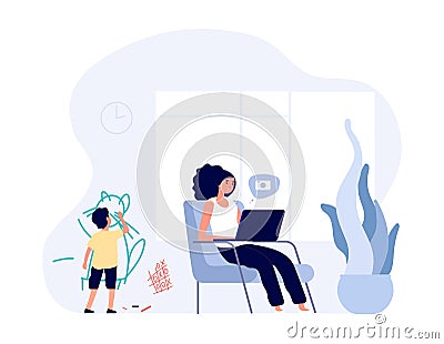 Internet addiction. Mom surfs in internet with laptop. Kid creates chaos in home. Single mother vector character Vector Illustration