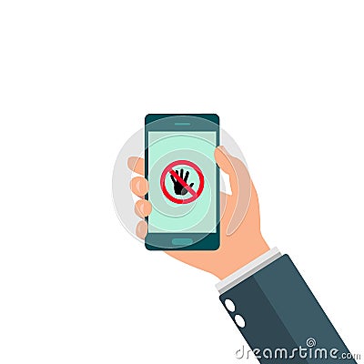 Internet addiction, nomophobia and digital detox. Hand holding smartphone. Stop sign on screen telephone mobile Stock Photo