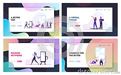 Internet Addiction, People Living in Virtual World Website Landing Page Set. Men and Women Having Gadgets Vector Illustration