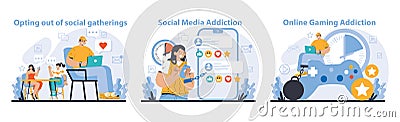 Internet addiction set. Flat vector illustration. Vector Illustration