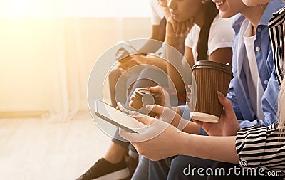 Internet addiction. Teens using cellphones, free space Stock Photo