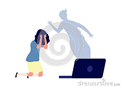 Internet aggression. Cybersecurity, online bullying teenagers. Danger worldwide networks for children, depressed girl Vector Illustration