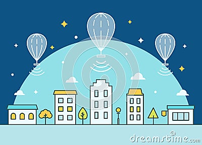 Internet Balloons Floating above the Town. Providing Internet Access Illustration Vector Illustration