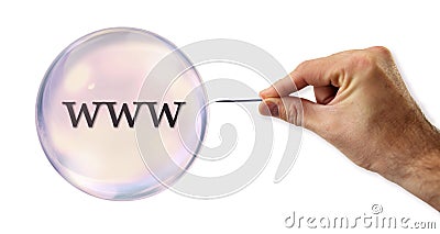 Internet Bubble about to explode by a needle Stock Photo
