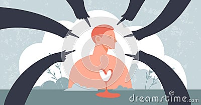 Internet bullying concept banner. Frightened teenage boy and hands pointing at him, teenage trauma, social rejection Stock Photo