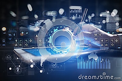 Internet, Business and technology concept. Icons, diagrams and graphs background on virtual screen. Stock Photo