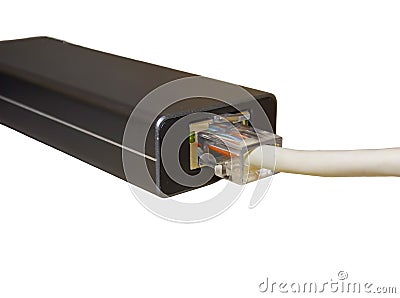 Internet cable connected to a multi-functional USB-C Hub station, Ethernet Stock Photo