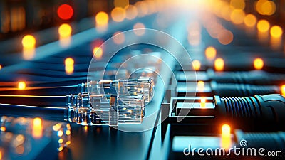 internet cable network hub data cable data library bokeh effect engineer with tablet or laptop Stock Photo
