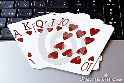 Internet casino poker royal flush cards combination hearts Stock Photo