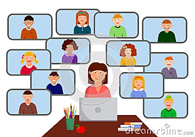 Internet class.Teacher and children - online distance learning Cartoon Illustration