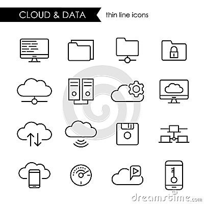Internet cloud and data storage thin line icon set Vector Illustration