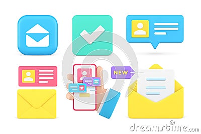 Internet communication cyberspace chatting notification message newsletter set 3d icon vector Vector Illustration