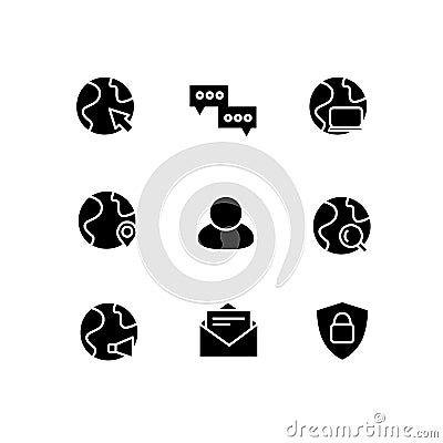Internet communication glyph icons. Global network communication and email flat vector illustration Vector Illustration