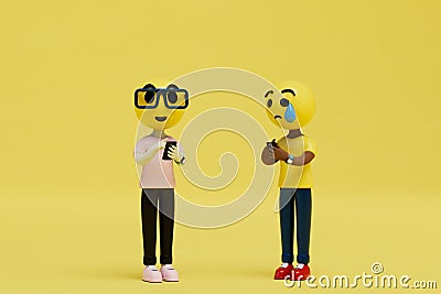 Internet communication. people are emoticons, surprised and crying correspond in smartphones. 3D render Stock Photo