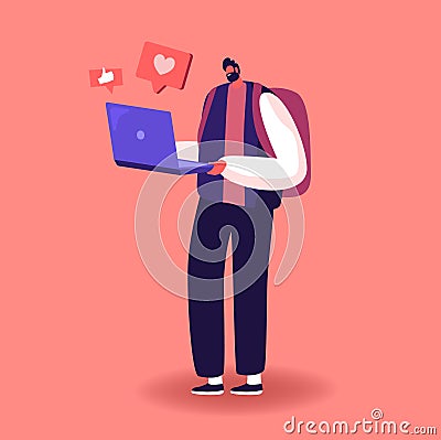 Internet Community Entertainment. Young Man Character Writing Love Correspondence, Communicating in Social Media Network Vector Illustration