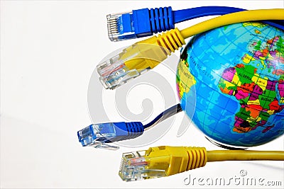 Internet concept - Internet cables on the globe. Global network - network and user computers to interact in leisure and business. Stock Photo