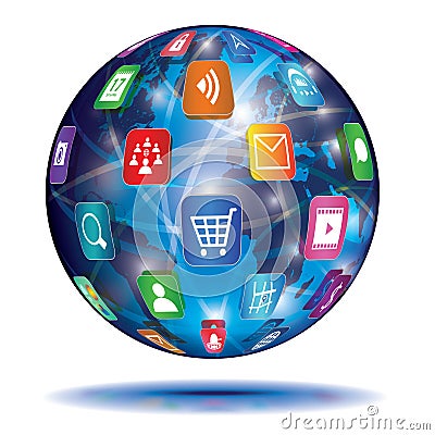 Internet Concept. Globe. Application icons. Vector Illustration