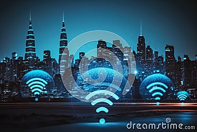 Internet conection and technology concept. Wifi icon over city skyline bokeh background. Generative ai Stock Photo