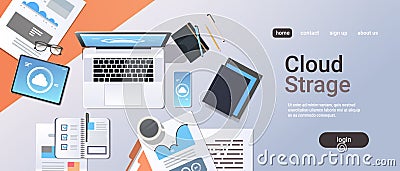 Internet connection cloud synchronization tablet smartphone laptop screen network data sync concept top angle view Vector Illustration