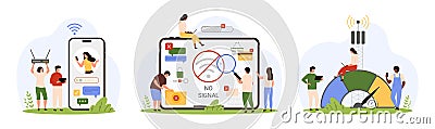 Internet connection error, speed wireless signal set, tiny people using modem router Cartoon Illustration