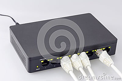 Internet connection hub switch and white lands usb Stock Photo