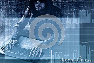 Internet crime concept. Hacker at work on digital background with empty head up hologram for your text around. Stock Photo