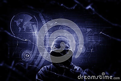 Internet crime concept. Hacker working on a code on dark digital Stock Photo