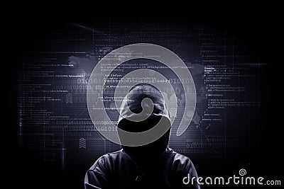 Internet crime concept. Hacker working on a code on dark digital Stock Photo