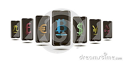 Bitcoin Internet currency, monetary units in the phone in the 3d design Vector Illustration