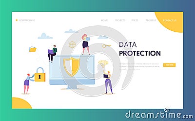 Internet Data Safety Network Landing Page. Business Information Digital Shield Technology Icon Server Privacy Encryption Vector Illustration