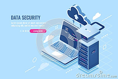 Internet data security concept, laptop with server rack and clock, protection and encryption data transfer, cloud data Vector Illustration