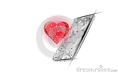 Internet dating app concept. 3D low poly smartphone romantic relationship symbol heart. Social media love date find Vector Illustration