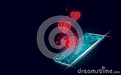 Internet dating app concept. 3D low poly smartphone romantic relationship symbol heart. Social media love date find Vector Illustration