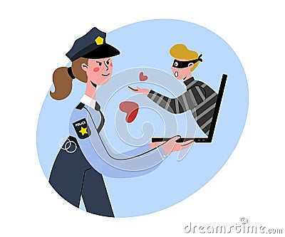 Internet dating. A policewoman works undercover. Reveals the decept. Vector Illustration