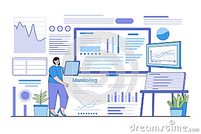 Internet of Everything (Ioe) Concept with a Person Interacting with Devices and Monitoring Data Flows Vector Illustration