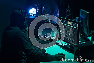 Internet fraud, darknet, data thiefs, cybercrime concept. Hacker attack on government server. Dangerous criminals coding Stock Photo