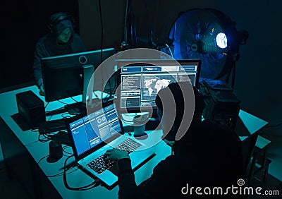 Internet fraud, darknet, data thiefs, cybercrime concept. Hacker attack on government server. Dangerous criminals coding Stock Photo