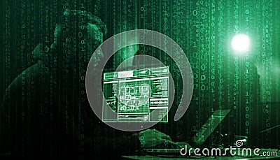 Hacker is breaking server using computers. Cybercrime concept. Stock Photo