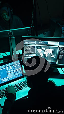 Internet fraud, darknet, data thiefs, cybergrime concept. Hacker attack on government server. Dangerous criminals coding Stock Photo