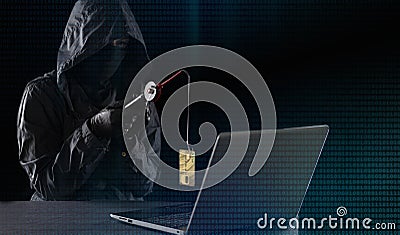 Internet fraud using computer technology, stealing money on the Internet, stealing credit card data. Hacker with a Stock Photo