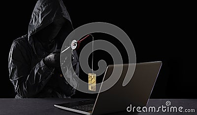 Internet fraud using computer technology, theft of money on the Internet, theft of credit card data. Hacker stole a Stock Photo