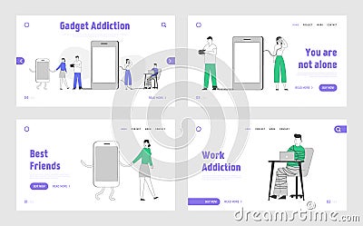 Internet and Gadget Addicted People Landing Page Template Set. Male Female Characters Bounded with Smartphones Vector Illustration