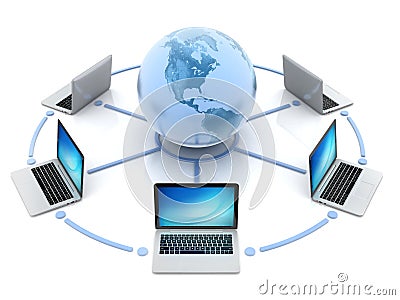 Internet, global network, computers around globe Cartoon Illustration